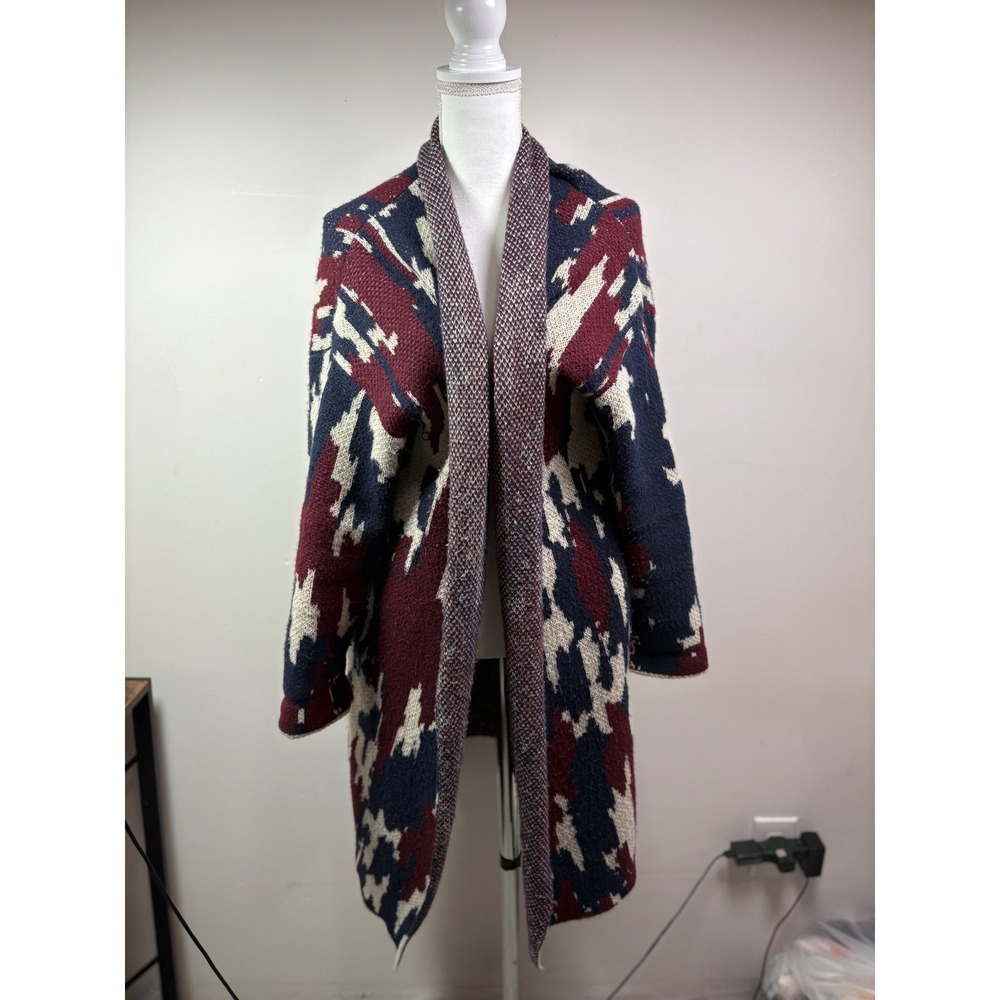 Knox Rose Womens Medium Southwestern Open Front Duster Cardigan Blue Red Cream